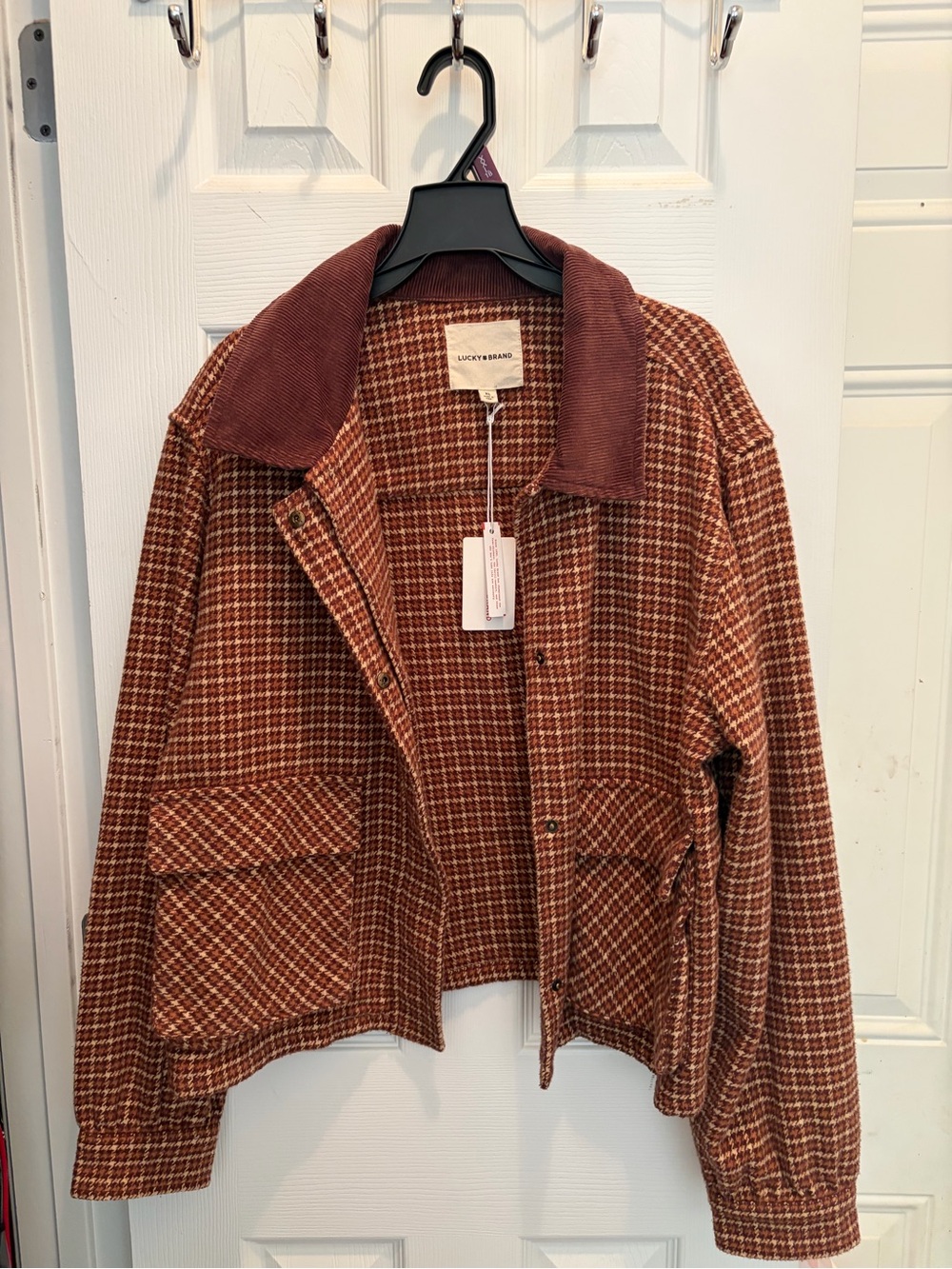 Lucky Brand Women's Rust Plaid Utility Jacket with Corduroy Collar